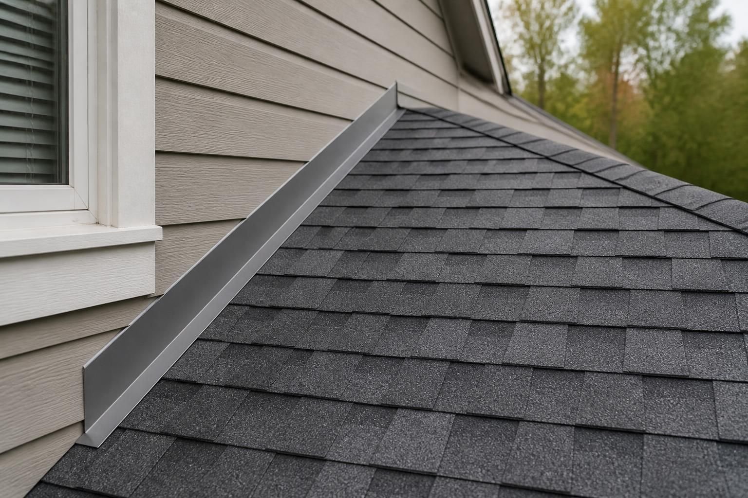 Repaired roof section with matching shingles and flashing.